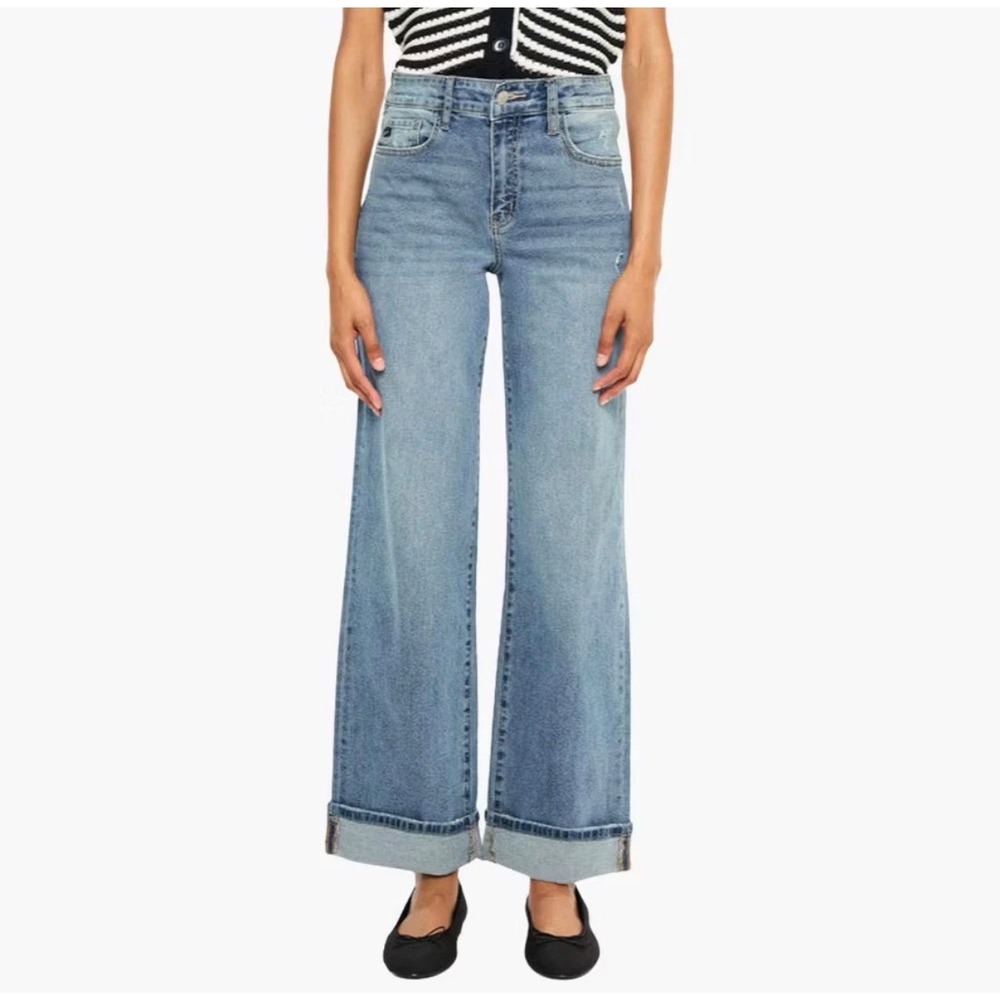 KanCan High Rise Wide Leg Jeans Womens 9/28 Blue New Distressed Cuffed Denim NWT